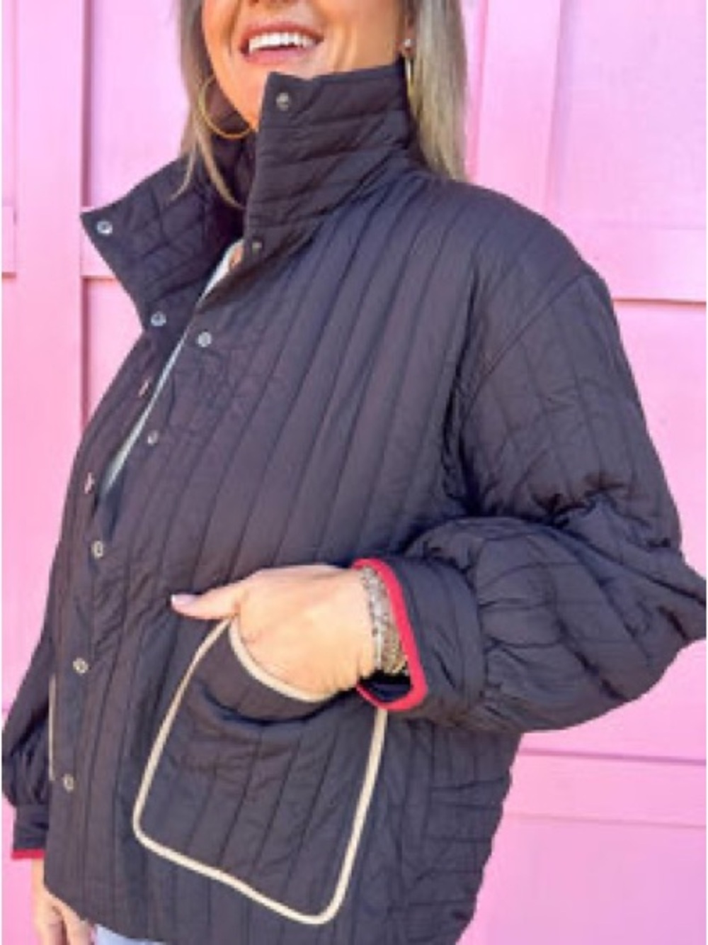 Quilted Black Jacket with White Piping